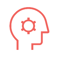 Red icon of a person's head with a cog inside